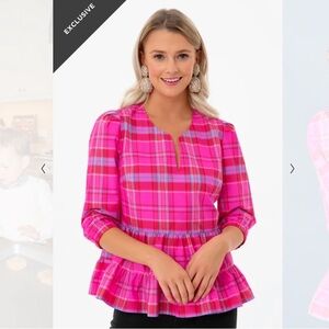 Tuckernuck x Vineyard Vines Pink Plaid Taffeta Peplum Blouse